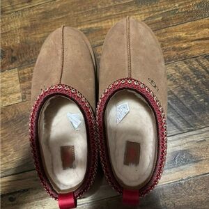 UGG Tan Suede Slip-On Slippers with Red Trim